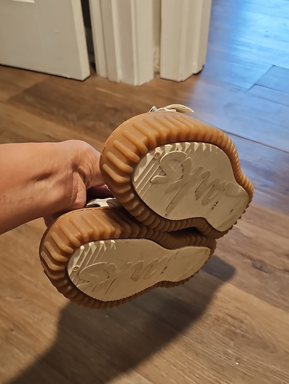 Clarks Cream Sandal with Brown Ribbed Sole - Picture 12 of 13
